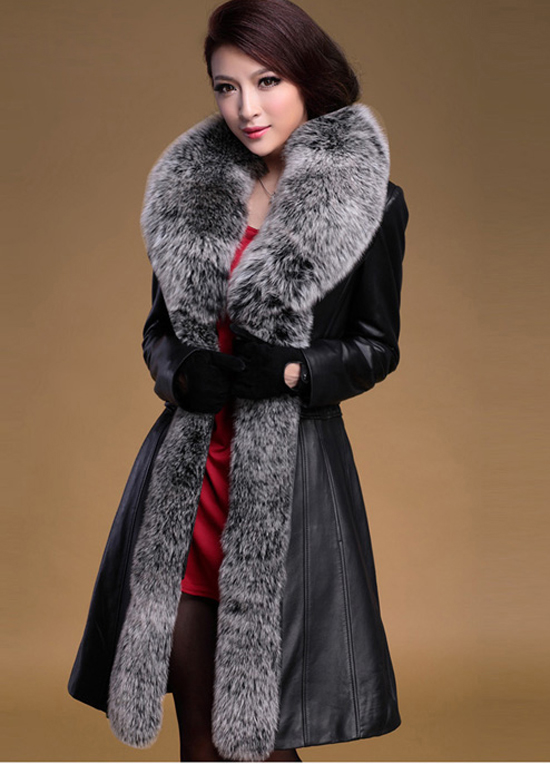 100 Real Genuine Sheep Leather Long Jacket Coat Fox Fur Collar Women Fashion Ebay
