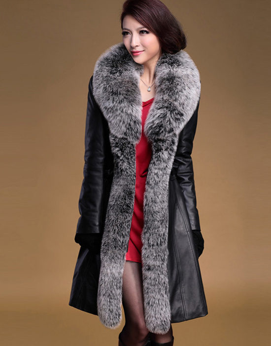 100% Real Genuine Sheep Leather Long Jacket Coat Fox Fur Collar Women ...