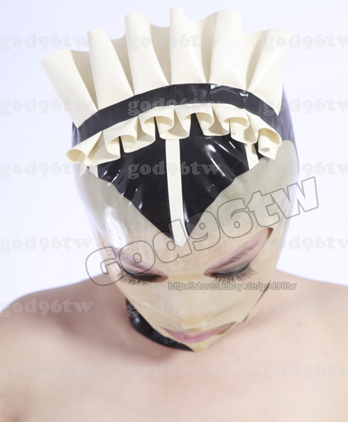 100% Latex Gummi Rubber Maid Nurse Mask Hood 0.8mm Ruffle Trim Catsuit 