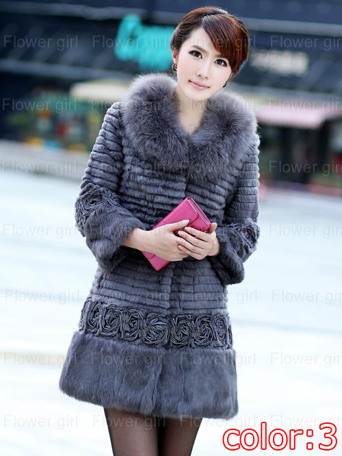 100% Real Genuine Rabbit Fur Fox Collar Long Coat Jacket Outwear 