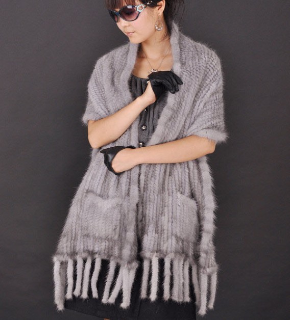   Real Genuine Knitted Mink Fur Cape Stole Shawl Scarf Wrap Winter Women