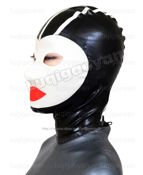 100% Latex Rubber Gummi Maske Mask Hood Streifen Catsuit Ganzanzug