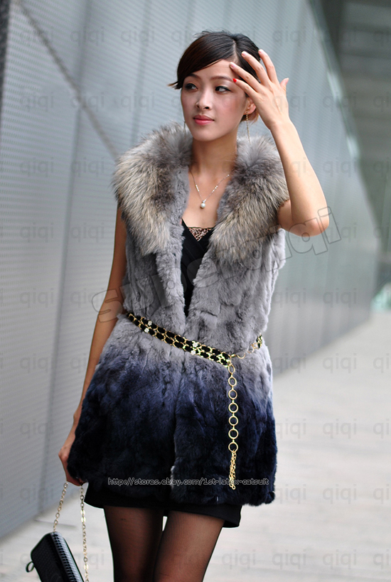 100% Real Genuine Rabbit Fur Coat Huge Raccoon Collar Vest Coat Gilet 