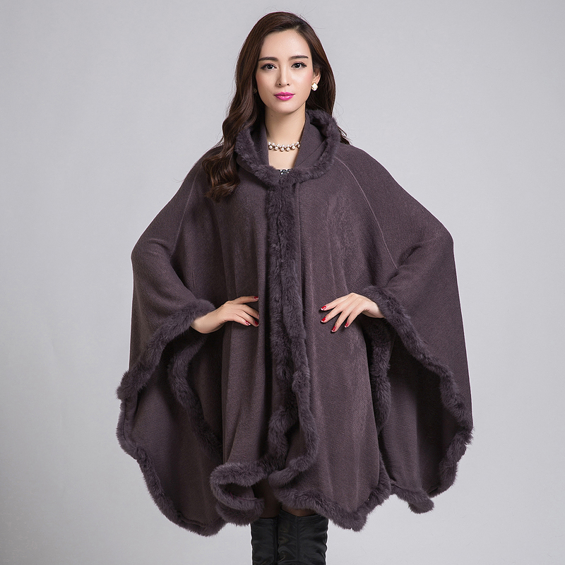 Real Wool Poncho Cape Coat Rabbit Fur Trim Hoody Cashmere Evening ...