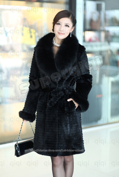 100% Real Genuine Rabbit Fur Huge Fox Collar Long Coat Wearcoat 