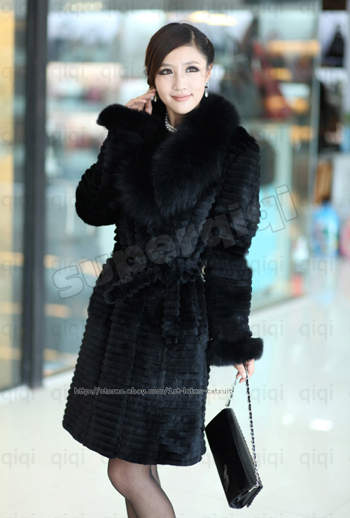 100% Real Genuine Rabbit Fur Huge Fox Collar Long Coat Wearcoat 